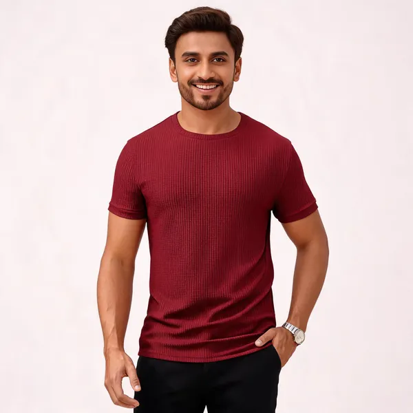 Maroon_Pure_Cotton_Solid_Round_Neck_T-Shirt_For_Men