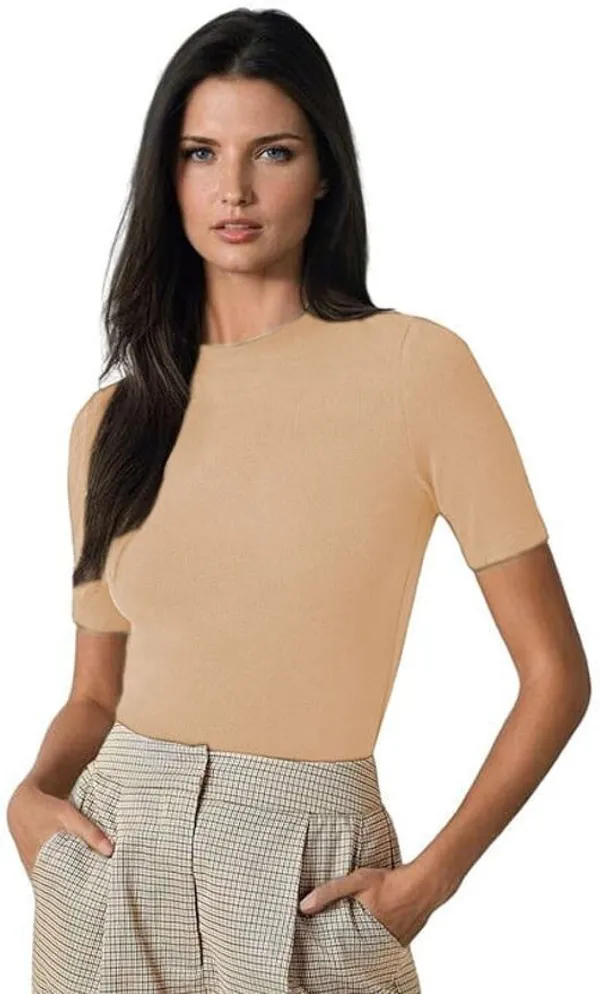 Beige_Pure_Cotton_Solid_Round_Neck_T-Shirt_For_Women