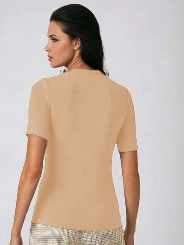 Beige_Pure_Cotton_Solid_Round_Neck_T-Shirt_For_Women