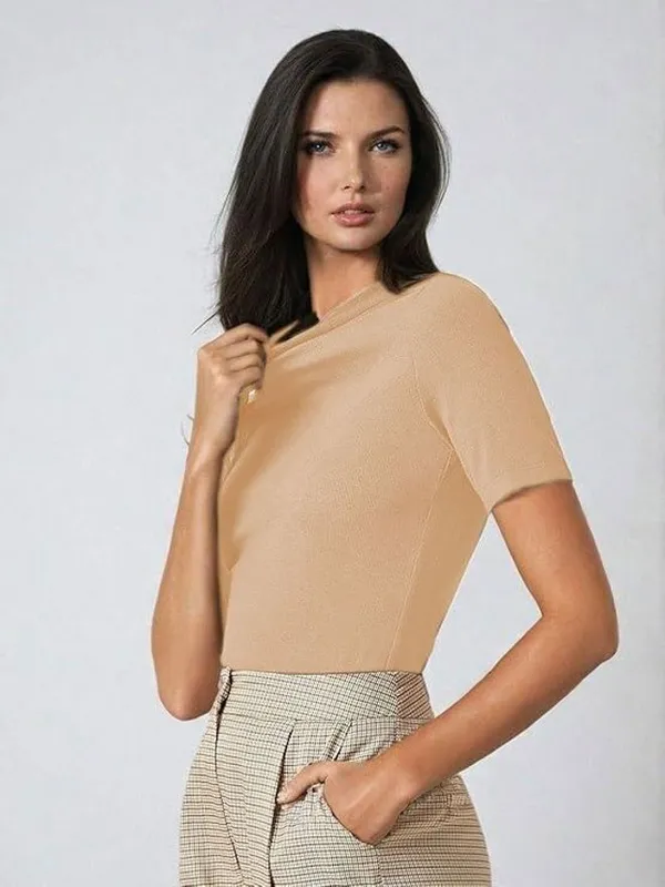 Beige_Pure_Cotton_Solid_Round_Neck_T-Shirt_For_Women
