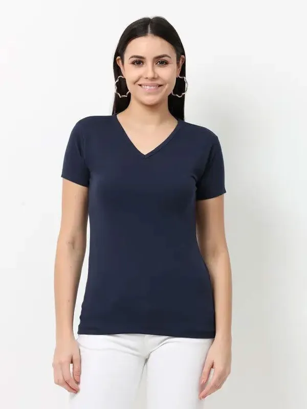 Navy_Blue_Pure_Cotton_V-Neck_T-Shirt_For_Women