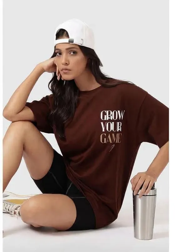 Brown_Pure_Cotton_Printed_Oversized_Round_Neck_T-Shirt_For_Women