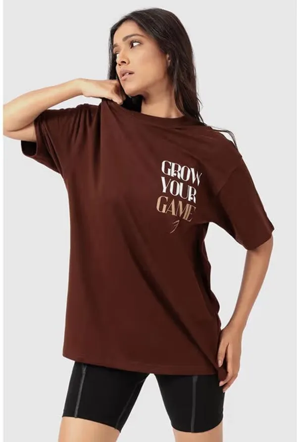 Brown_Pure_Cotton_Printed_Oversized_Round_Neck_T-Shirt_For_Women