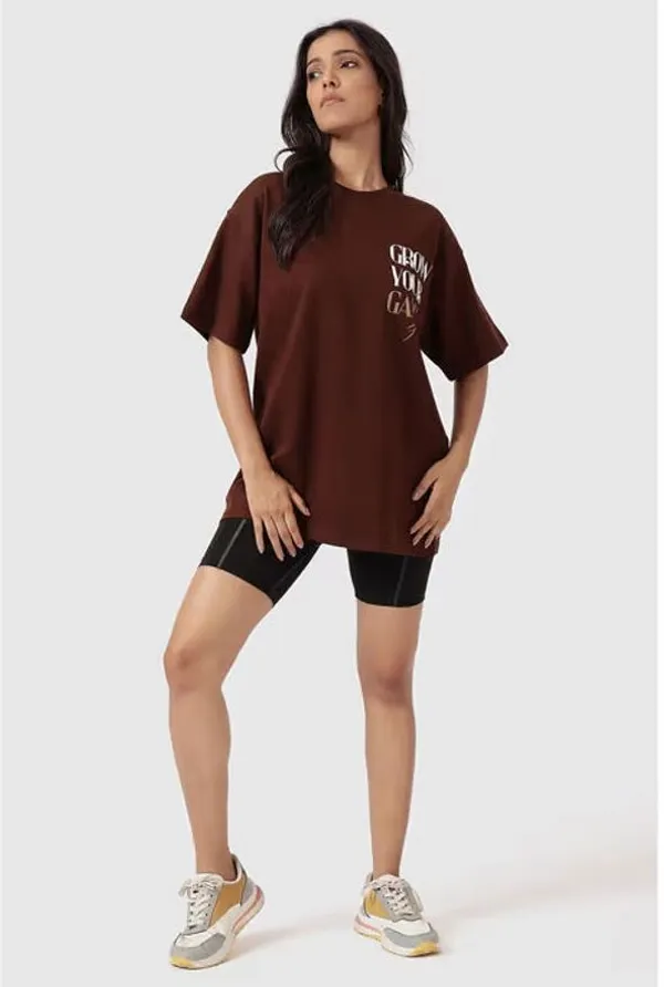 Brown_Pure_Cotton_Printed_Oversized_Round_Neck_T-Shirt_For_Women
