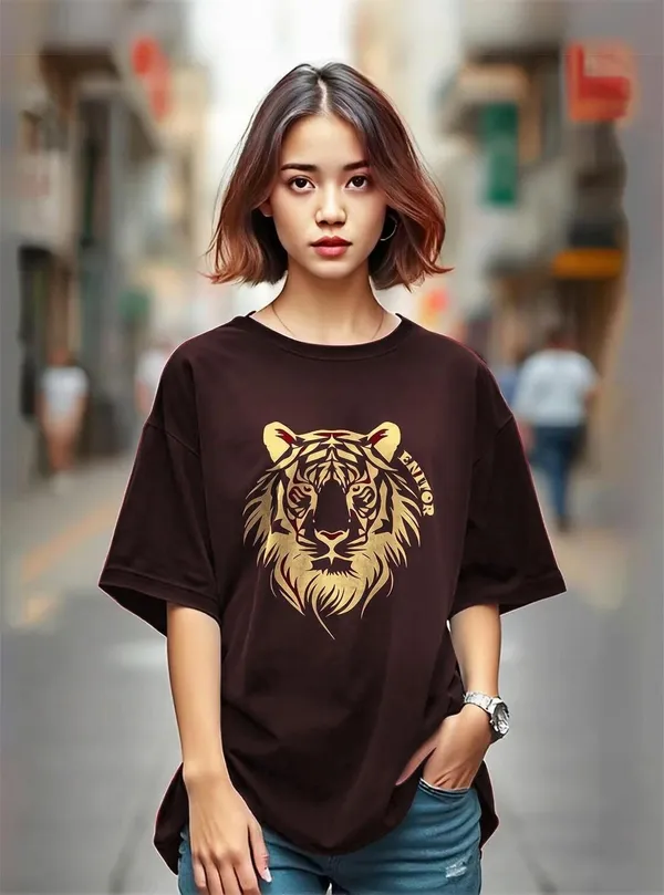 Brown_Pure_Cotton_Printed_Oversized_Round_Neck_T-Shirt_For_Women