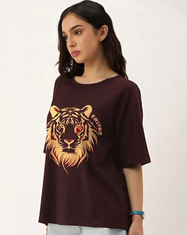 Brown_Pure_Cotton_Printed_Oversized_Round_Neck_T-Shirt_For_Women