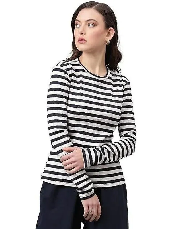 Multicolor_Pure_Cotton_Striped_Round_Neck_T-Shirt_For_Women