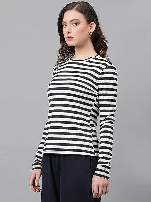 Multicolor_Pure_Cotton_Striped_Round_Neck_T-Shirt_For_Women