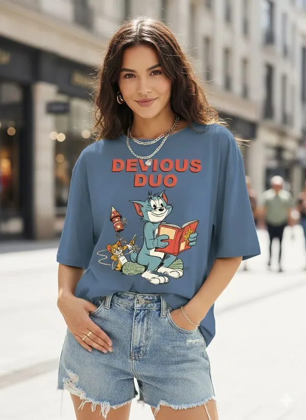 Blue_Pure_Cotton_Graphic_Print_Round_Neck_T-Shirt_For_Women
