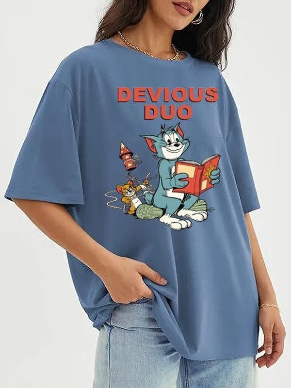 Blue_Pure_Cotton_Graphic_Print_Round_Neck_T-Shirt_For_Women