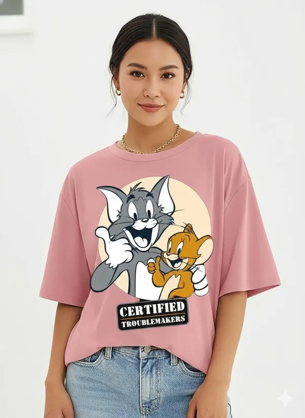 Pink_Pure_Cotton_Round_Neck_Cartoon_Print_T-Shirt_For_Women