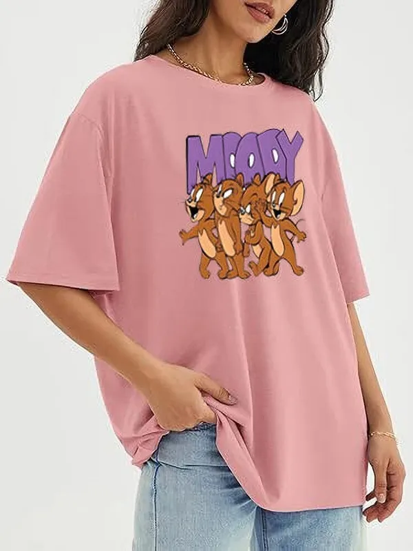 Pink_Pure_Cotton_Cartoon_Print_Round_Neck_T-Shirt_For_Women