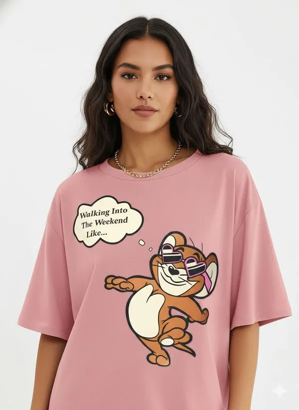 Pink_Pure_Cotton_Cartoon_Print_Round_Neck_T-Shirt_For_Women