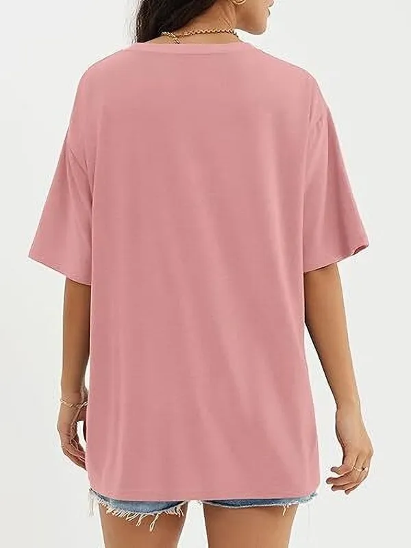 Pink_Pure_Cotton_Cartoon_Print_Round_Neck_T-Shirt_For_Women
