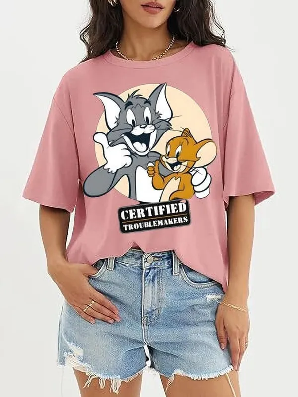 Pink_Pure_Cotton_Cartoon_Print_Oversized_Round_Neck_T-Shirt_For_Women