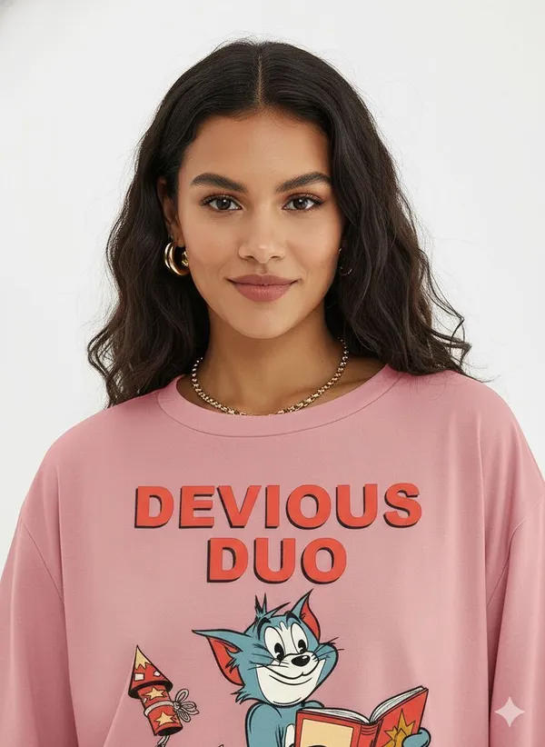 Pink_Pure_Cotton_Round_Neck_Cartoon_Print_T-Shirt_For_Women