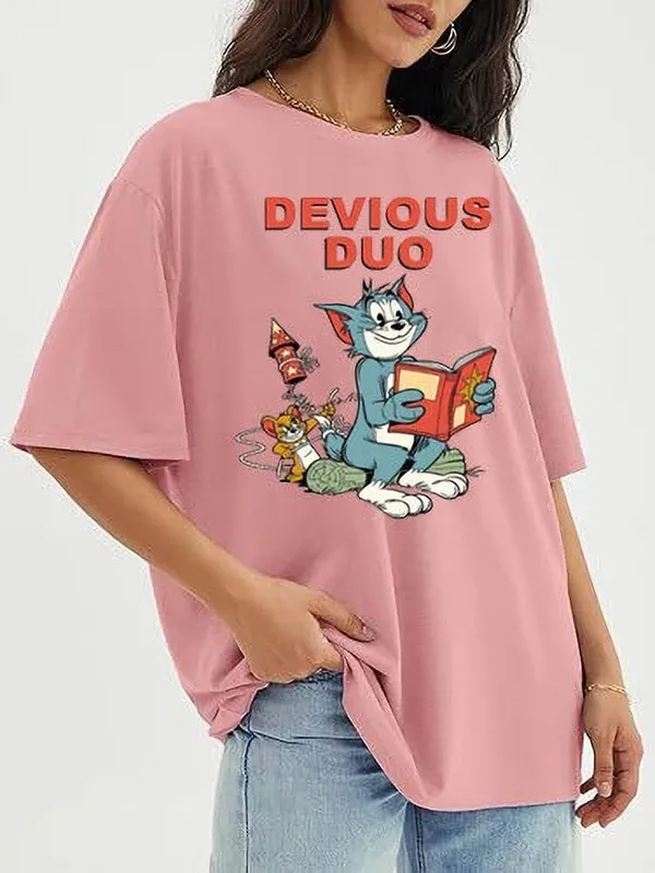 Pink_Pure_Cotton_Round_Neck_Cartoon_Print_T-Shirt_For_Women