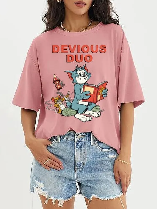 Pink_Pure_Cotton_Round_Neck_Cartoon_Print_T-Shirt_For_Women