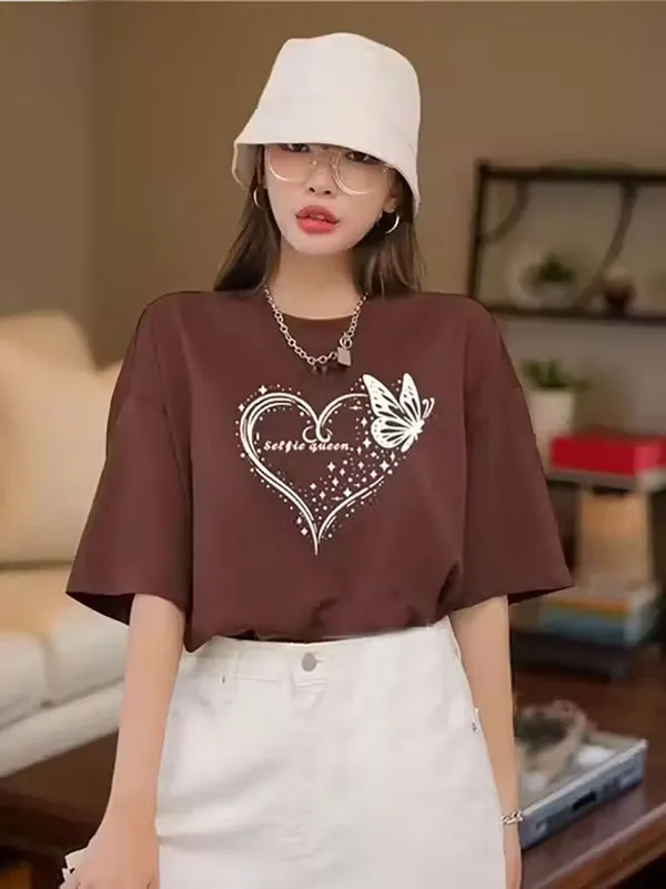 Brown_Pure_Cotton_Printed_Oversized_Round_Neck_T-Shirt_For_Women