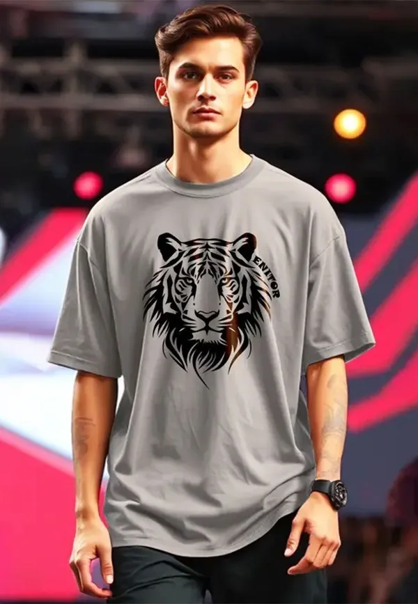 Grey_Cotton_Oversized_Tiger_Print_T-Shirt_For_Men