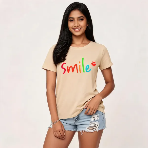Beige_Pure_Cotton_Printed_Round_Neck_T-Shirt_For_Women