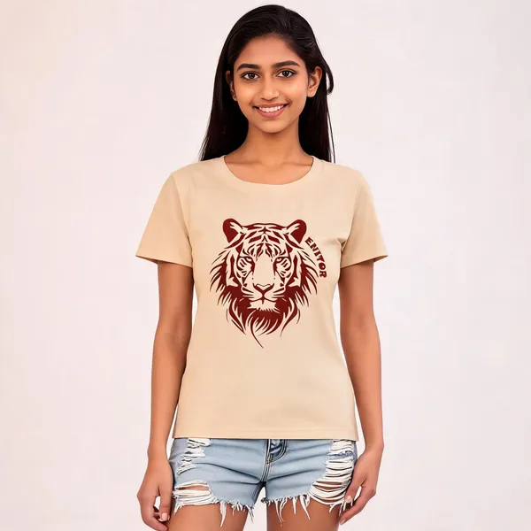 Beige_Pure_Cotton_Printed_Round_Neck_T-Shirt_For_Women