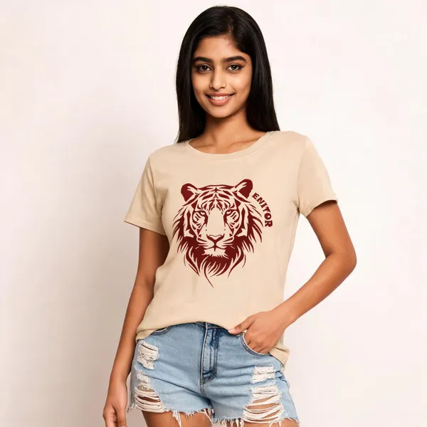 Beige_Pure_Cotton_Printed_Round_Neck_T-Shirt_For_Women