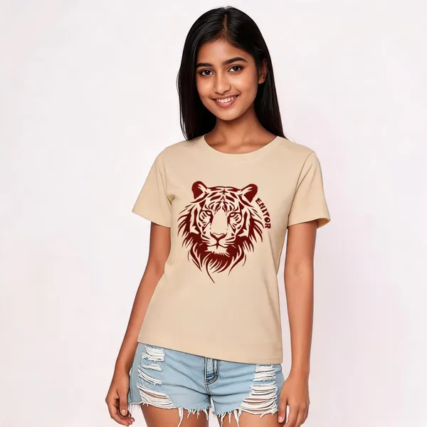 Beige_Pure_Cotton_Printed_Round_Neck_T-Shirt_For_Women