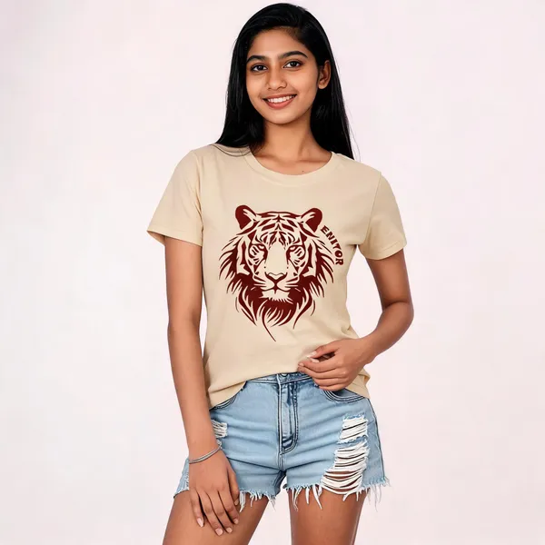 Beige_Pure_Cotton_Printed_Round_Neck_T-Shirt_For_Women