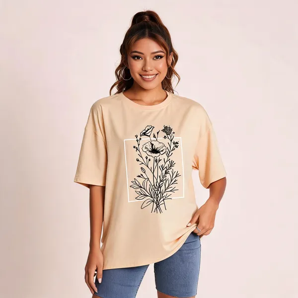 Beige_Pure_Cotton_Printed_Oversized_Round_Neck_T-Shirt_For_Women