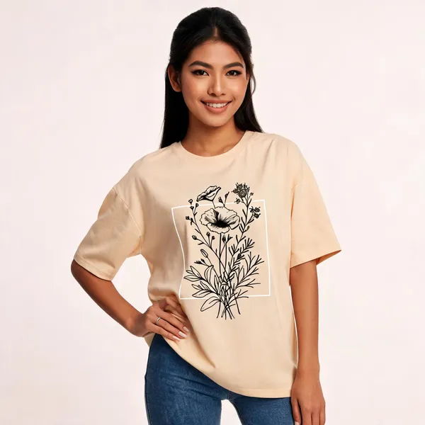Beige_Pure_Cotton_Printed_Oversized_Round_Neck_T-Shirt_For_Women