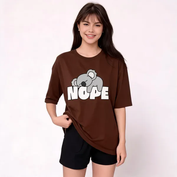 Brown_Pure_Cotton_Printed_Oversized_Round_Neck_T-Shirt_For_Women