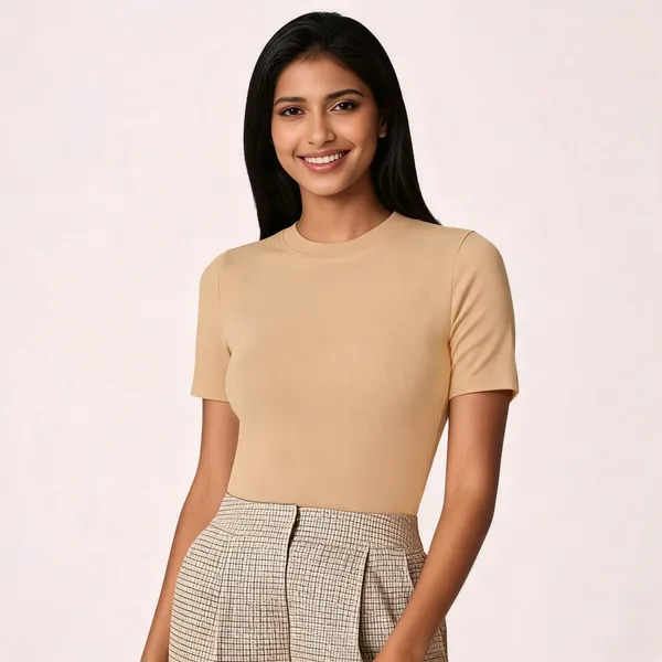 Beige_Pure_Cotton_Solid_Round_Neck_T-Shirt_For_Women