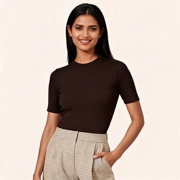 Brown_Pure_Cotton_Solid_Ribbed_Round_Neck_T-Shirt_For_Women