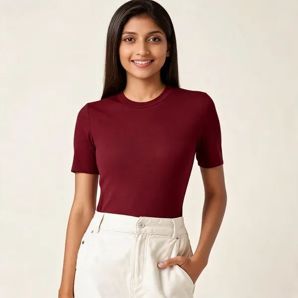 Maroon_Pure_Cotton_Round_Neck_T-Shirt_For_Women
