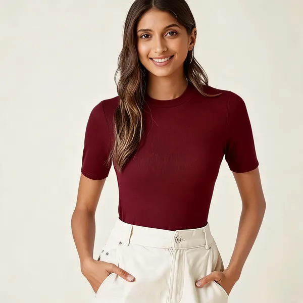 Maroon_Pure_Cotton_Round_Neck_T-Shirt_For_Women