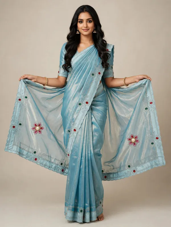 Blue_Twill_Net_Saree_For_Women