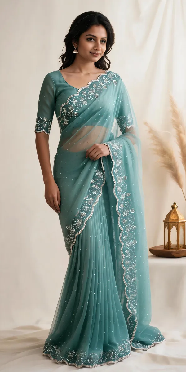 Teal_Twill_Net_Saree_For_Women