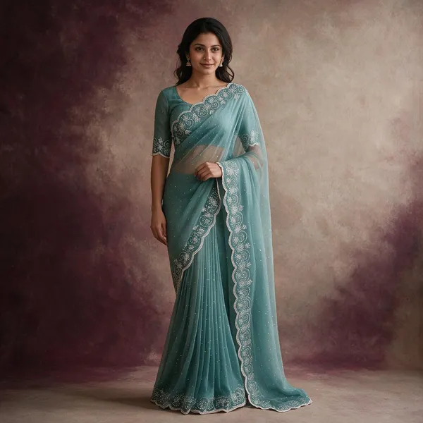 Teal_Twill_Net_Saree_For_Women