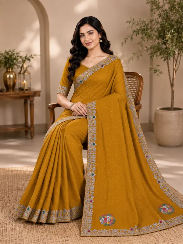 Mustard_Twill_Net_Saree_For_Women