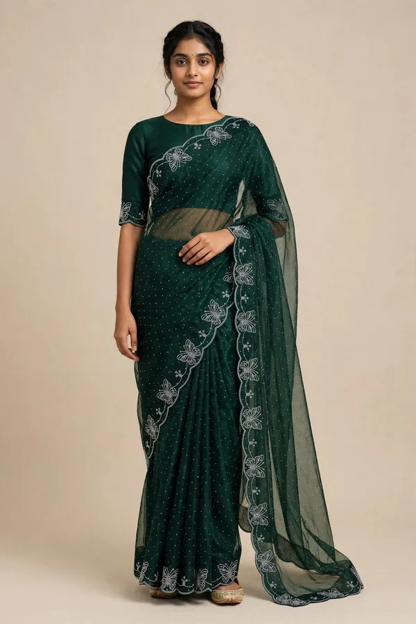 Green_Twill_Net_Saree_For_Women