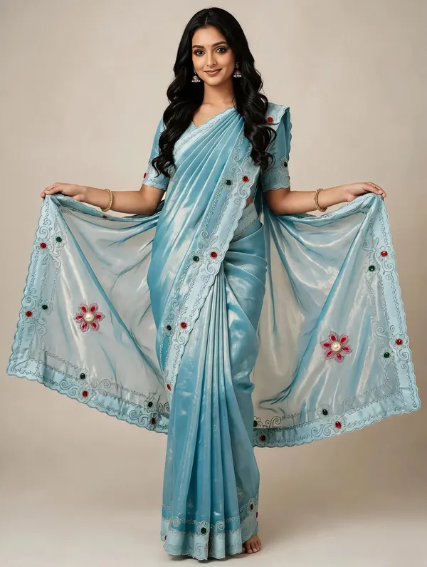 Blue_Twill_Net_Saree_For_Women