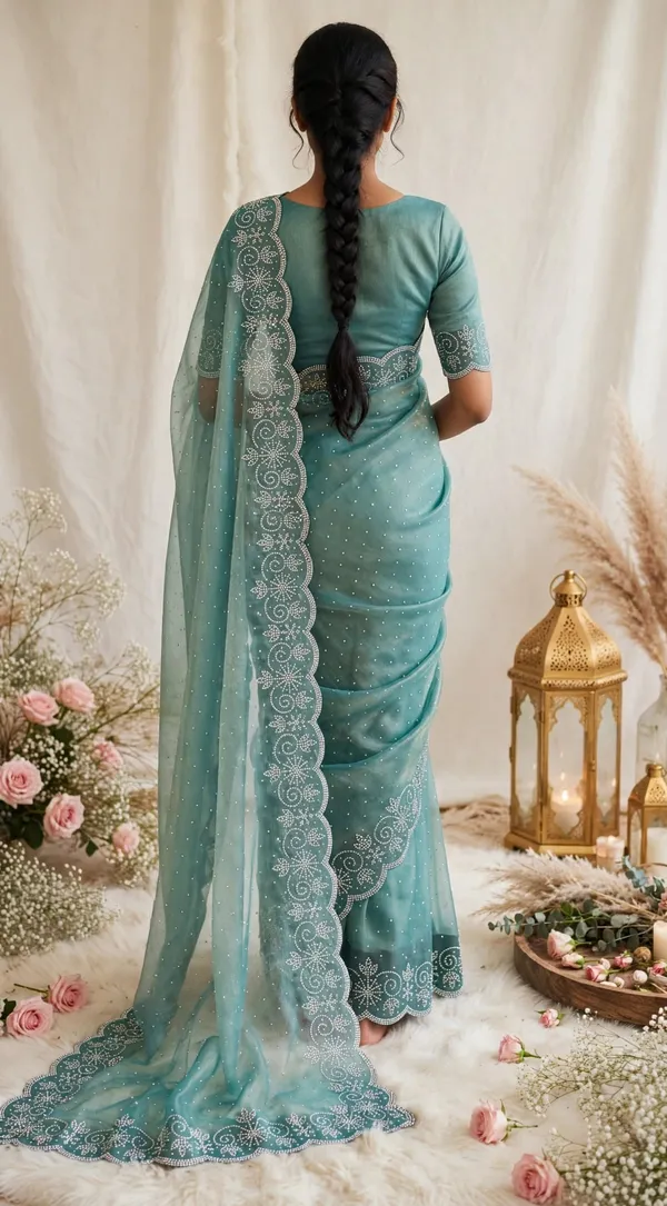 Teal_Twill_Net_Saree_For_Women