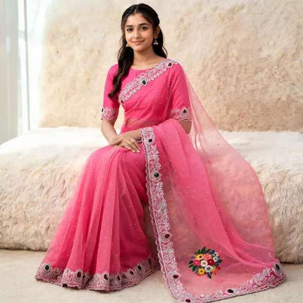 Pink_Twill_Net_Saree_For_Women