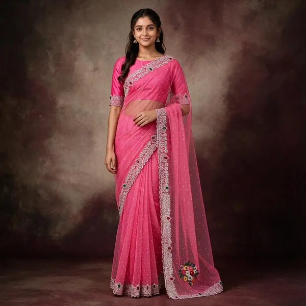 Pink_Twill_Net_Saree_For_Women