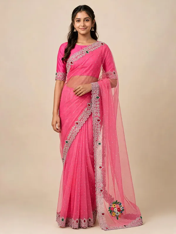Pink_Twill_Net_Saree_For_Women