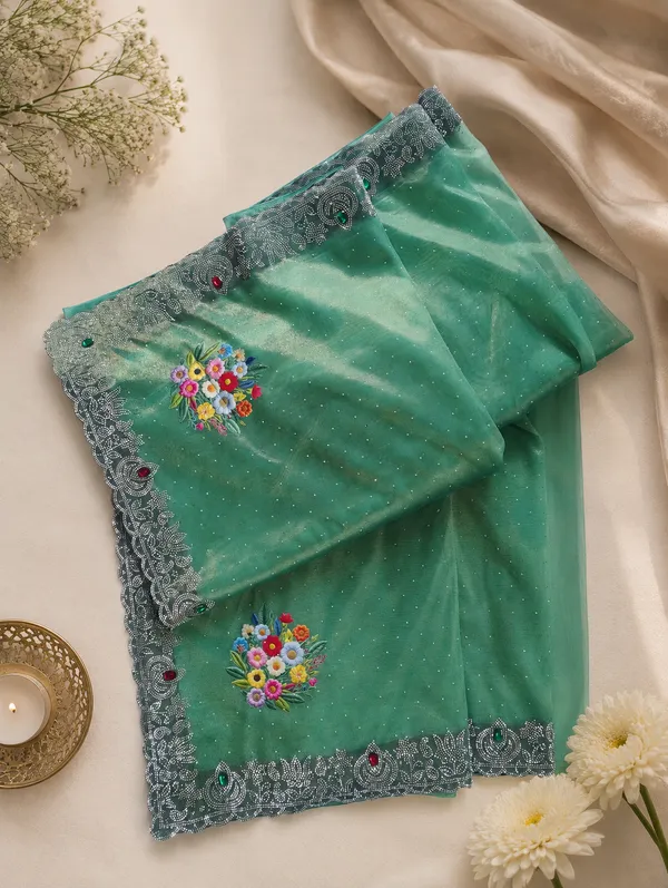 Mint_Green_Twill_Net_Saree_For_Women