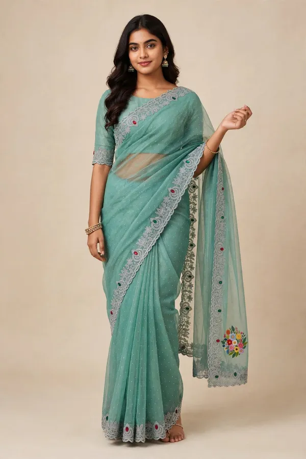 Sea_Green_Twill_Net_Saree_For_Women