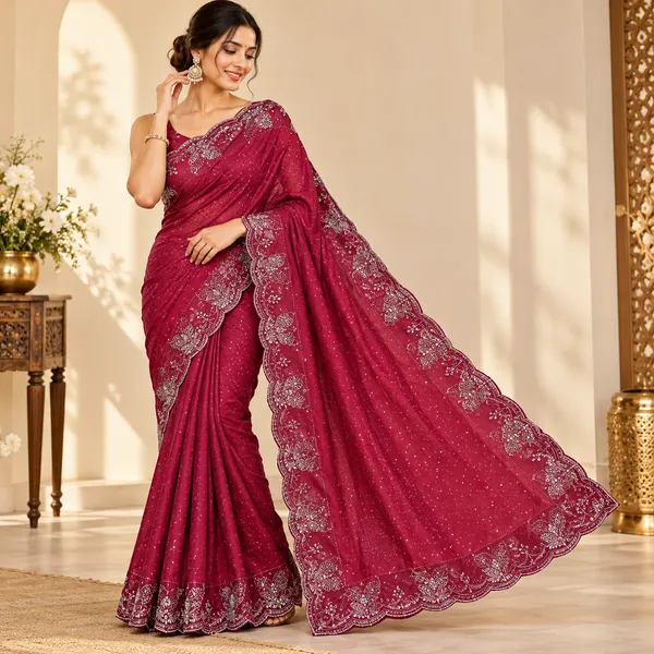 Maroon_Twill_Net_Saree_For_Women