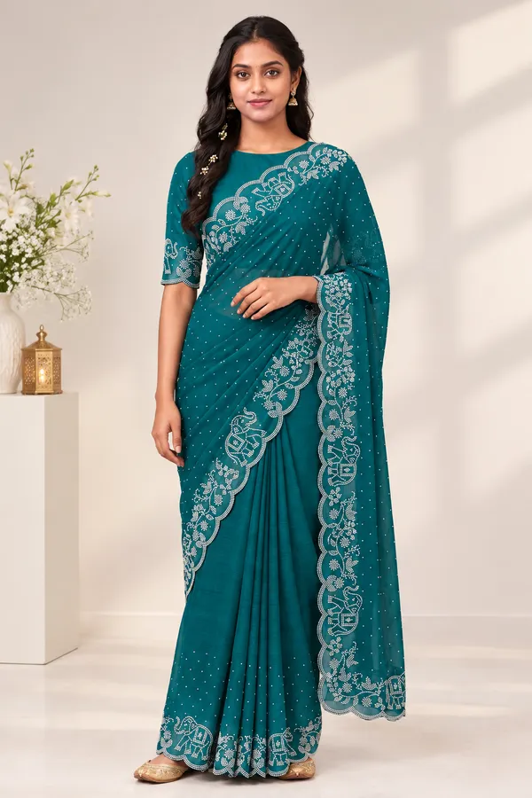 Teal_Twill_Net_Saree_For_Women